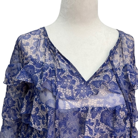 Rebecca Taylor Blue Silk Short Sleeve Ruffle Tie Front Blouse Size S - Picture 5 of 10